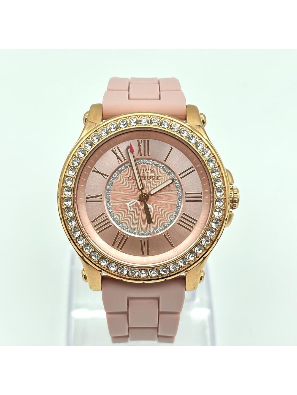 Juicy Couture Ladies Rose Gold-Tone Pink Silicone Rhinestone Y2K Glam Watch 38mm
